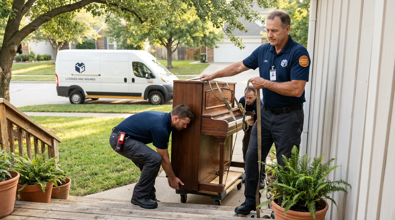 Licensed piano movers securing grand piano in Anadarko, OK