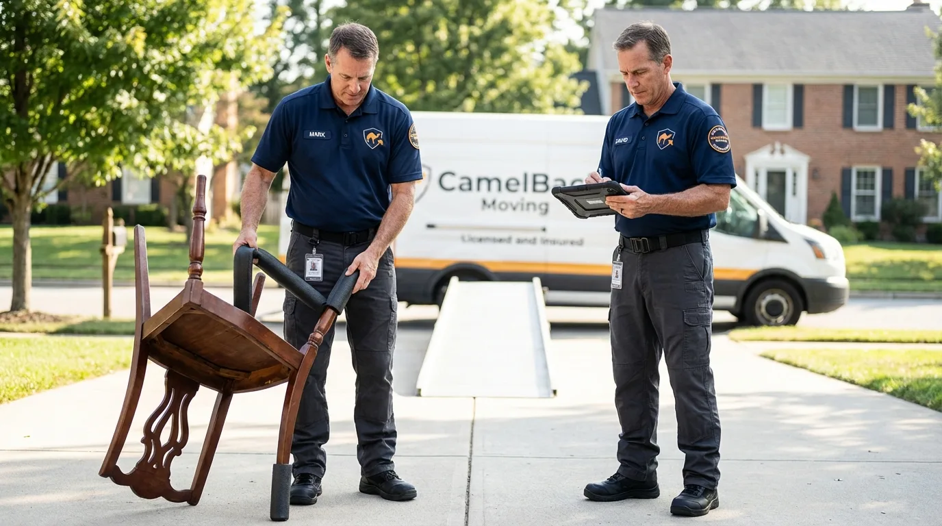 Movers inspecting furniture for damage prevention before loading in Anadarko, OK