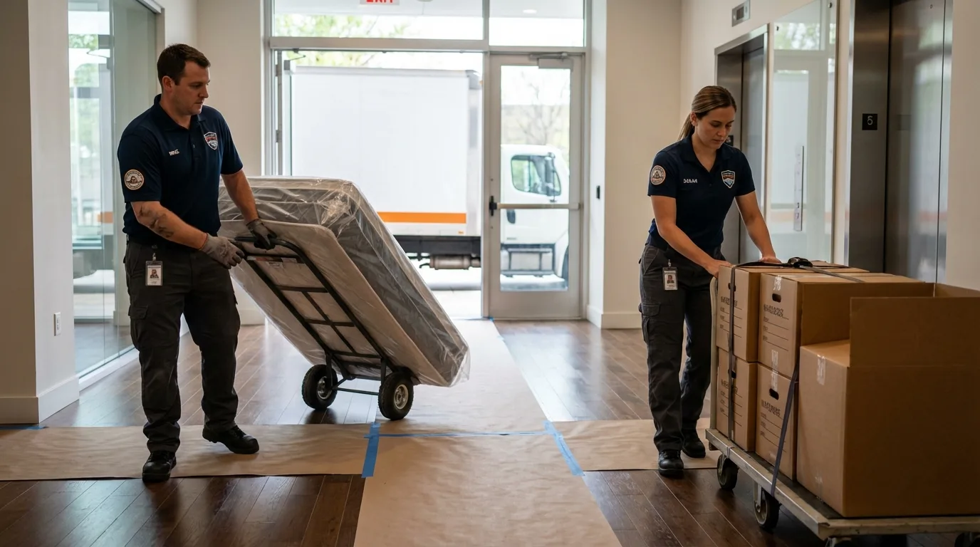 Professional apartment movers loading elevator in Anadarko, OK